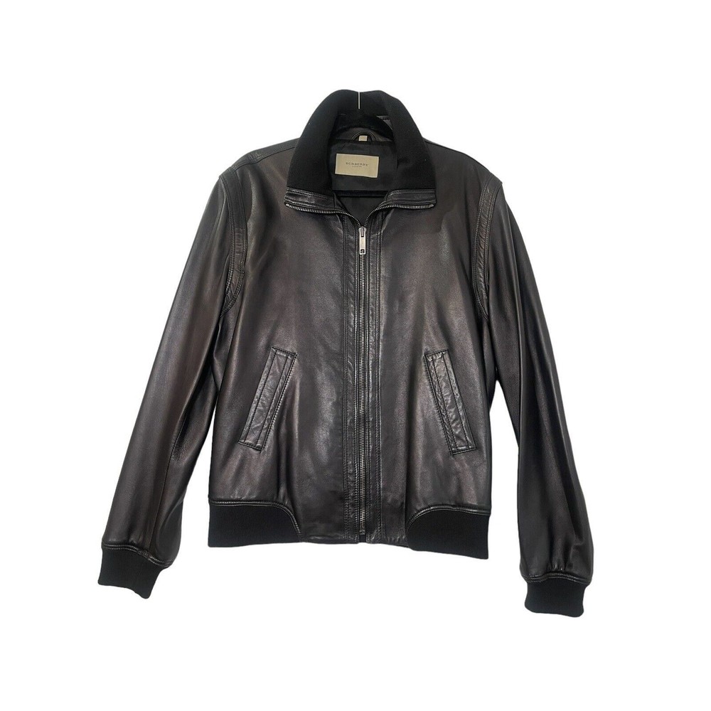 Burberry Lamb‎ Leather Bomber Zip-Up Jacket Military Black Mens Size 54 US Large